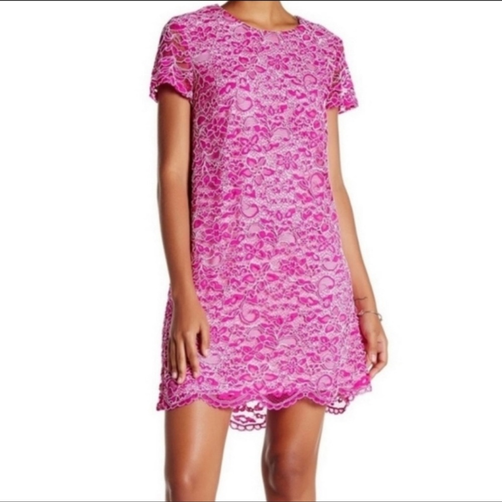 CeCe Bright Pink Floral Lace Mini Dress